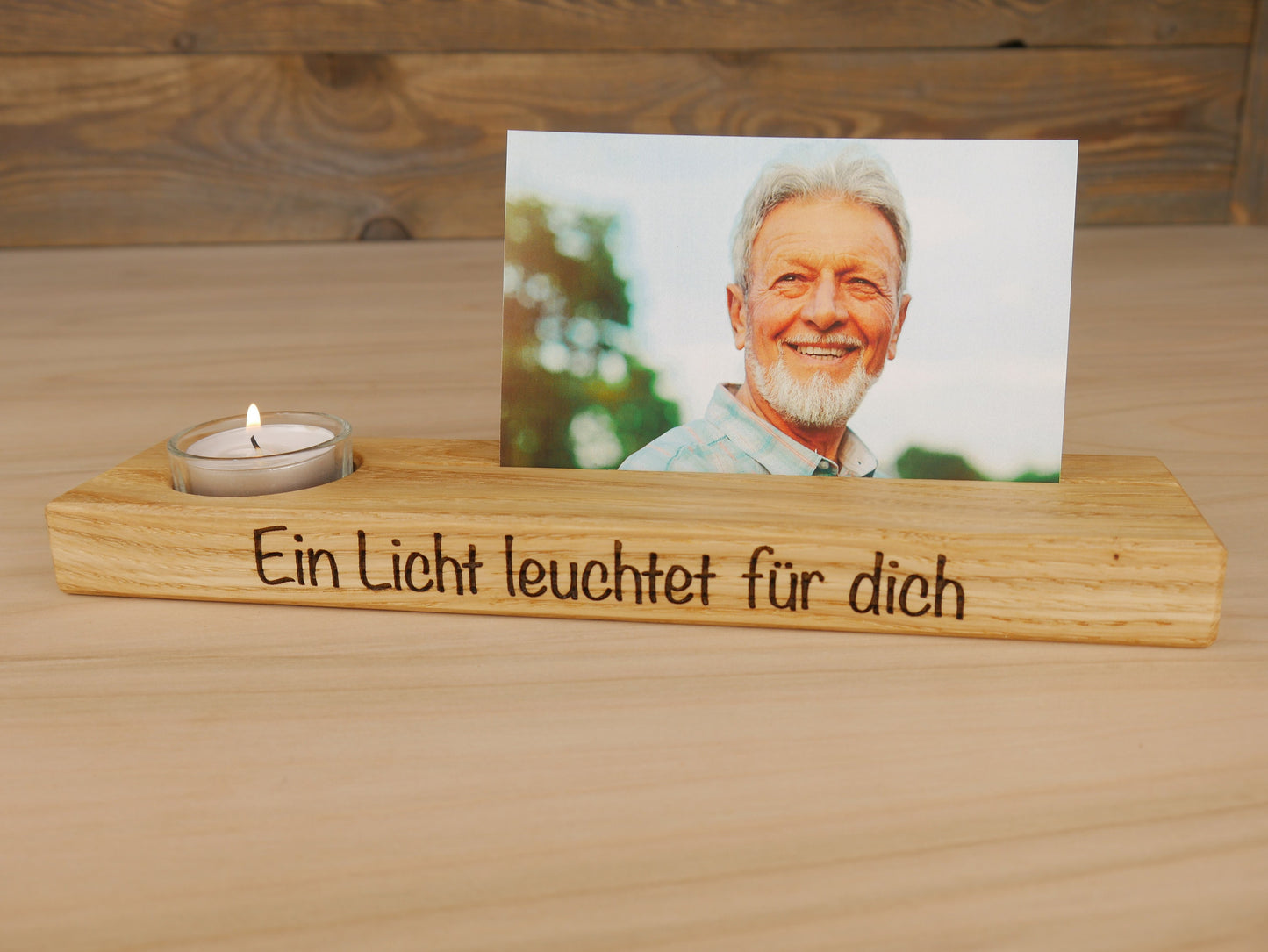 personalisierte Fotoleiste, mit Teelichthalter, zum Gedenken und Erinnern, Trauergeschenk, massives Eichenholz, ein individuelles Andenken