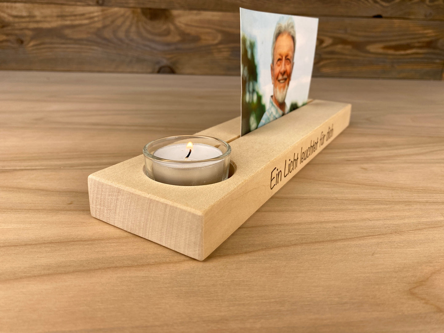 personalisierte Fotoleiste, mit Teelichthalter, zum Gedenken und Erinnern, Trauergeschenk, massives Birkenholz, ein individuelles Andenken