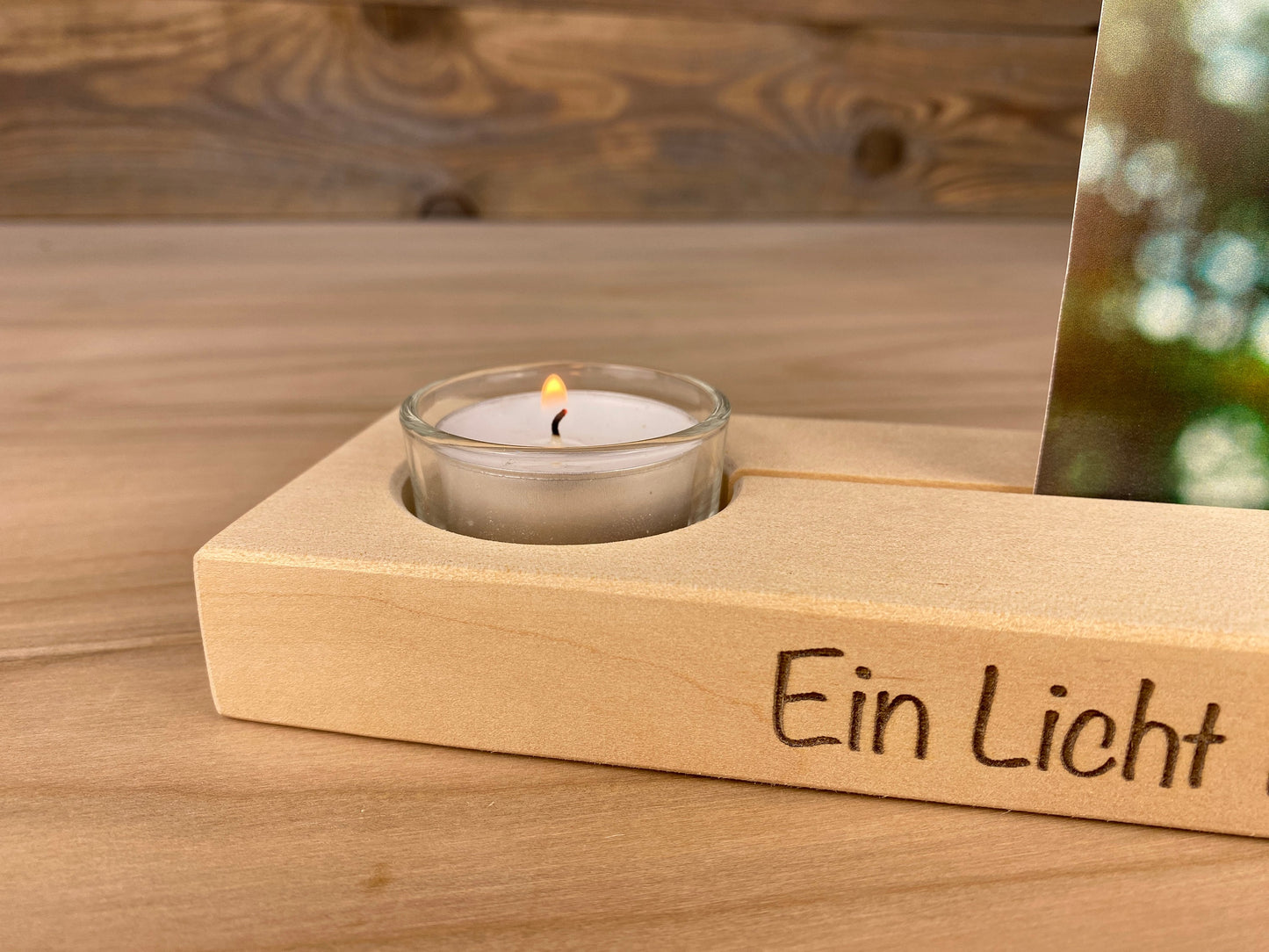 personalisierte Fotoleiste, mit Teelichthalter, zum Gedenken und Erinnern, Trauergeschenk, massives Birkenholz, ein individuelles Andenken