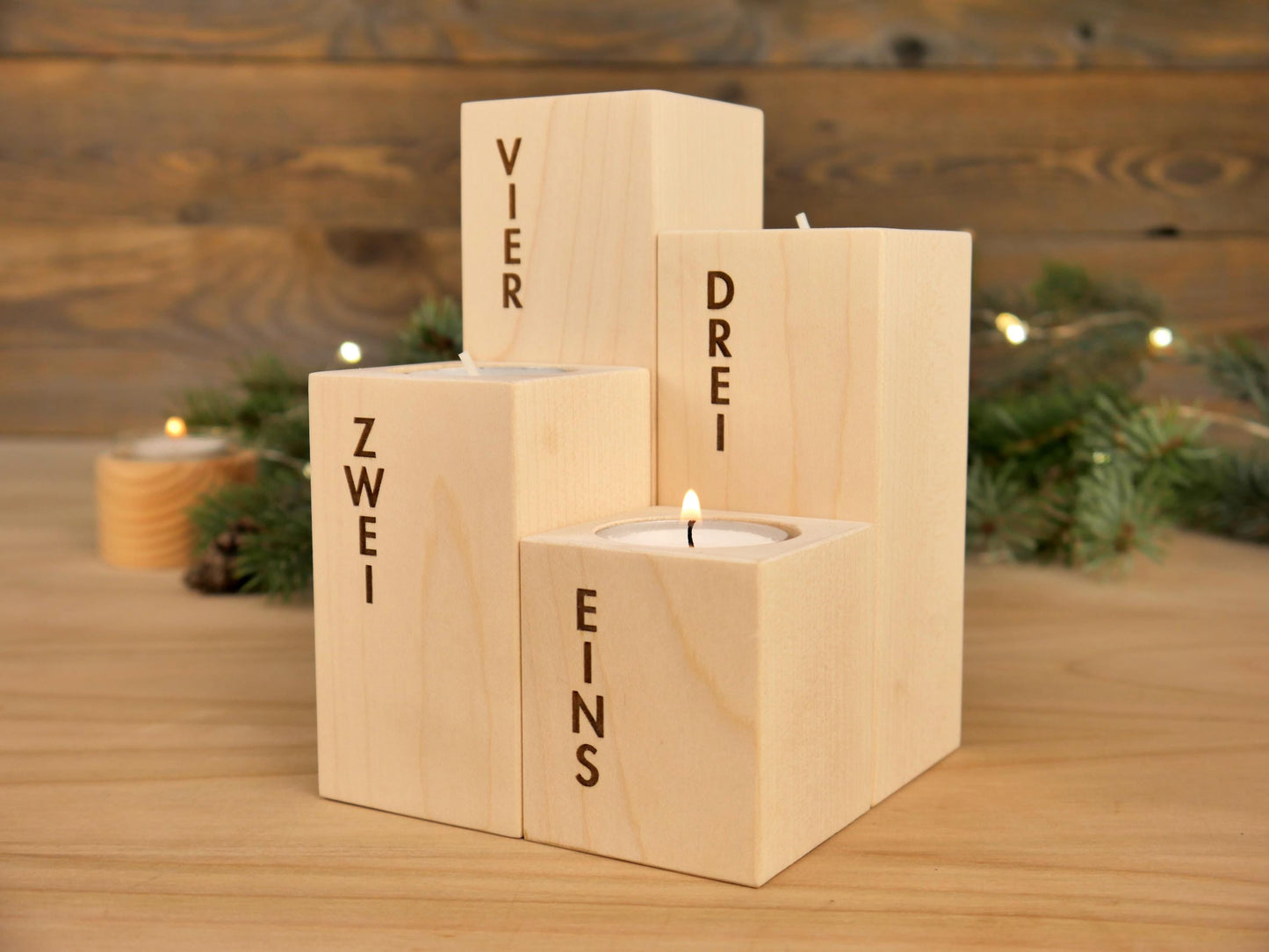 schlichter Adventskranz aus Ahorn | 4er Set inkl. Teelichter | Adventskalender | Geschenkidee, Deko aus Holz | Kerzenständer | Kerzenhalter