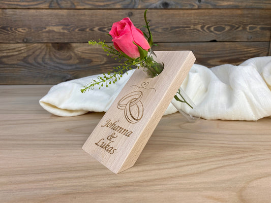personalisierte Vase aus Holz mit Reagenzglas, Tischdeko zum Geburtstag, Hochzeit, Feiertage oder als Geschenk