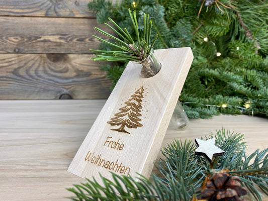 weihnachtliche Vase aus Holz mit Reagenzglas, Tischdeko zu Weihnachten, Advent oder als Geschenk