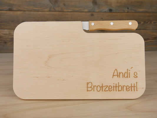Schneidebrett mit Messer, personalisiertbar, aus massivem Erlenholz, Brotzeitbrett, Frühstücksbrett, Vesper