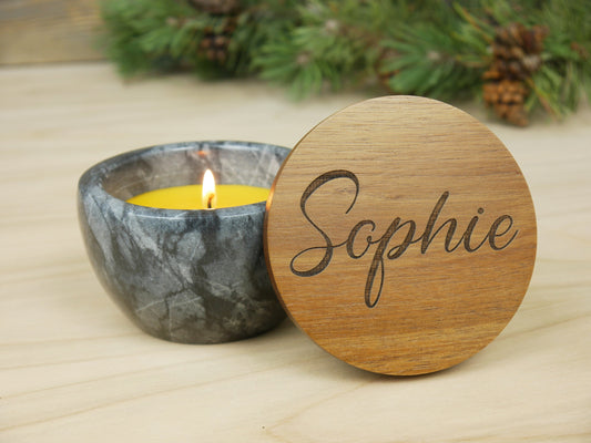personalisierte Kerze in Marmorschale, Geschenk zu Weihnachten, Geburtstag, Valentinstag, Duftkerze, Bienenwachs
