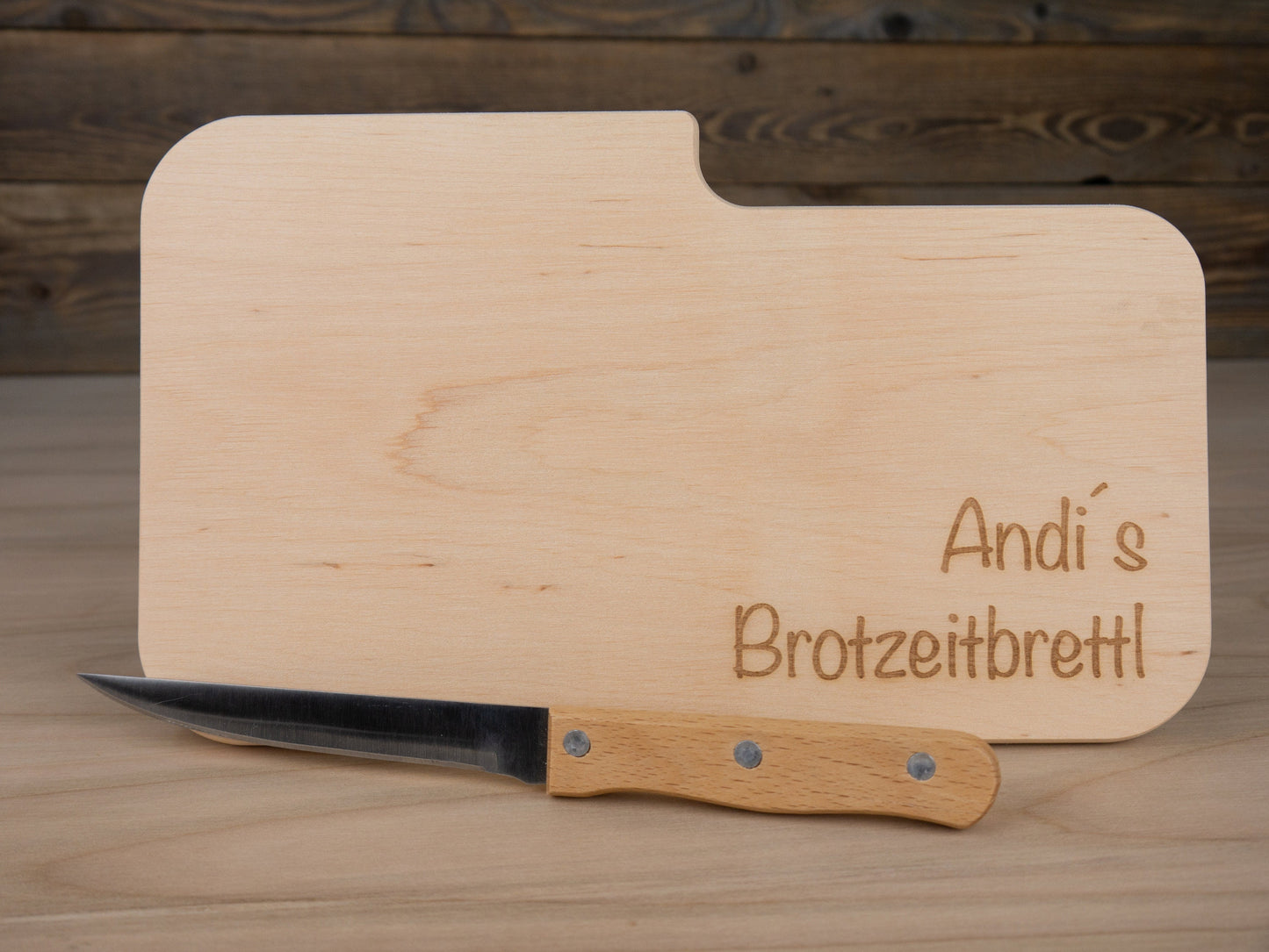 Schneidebrett mit Messer, personalisiertbar, aus massivem Erlenholz, Brotzeitbrett, Frühstücksbrett, Vesper