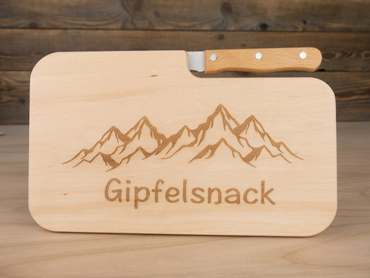 Schneidebrett mit Messer, Berge, personalisiertbar, aus massivem Erlenholz, Brotzeitbrett, Frühstücksbrett, Vesper