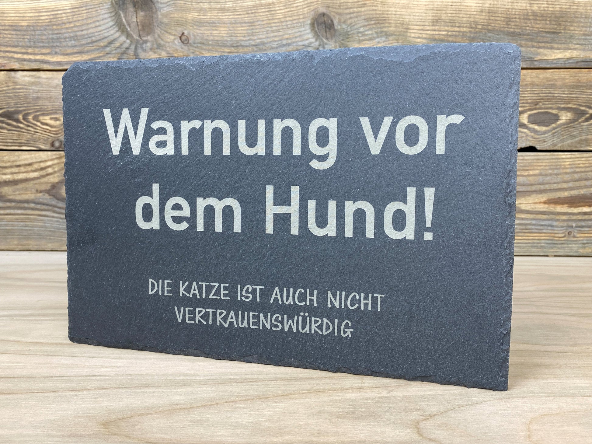 Spruchtafel "Warnung vor dem Hund und Katze" aus Schiefer, graviert - für Innen und Außen -Haustier - Geschenk