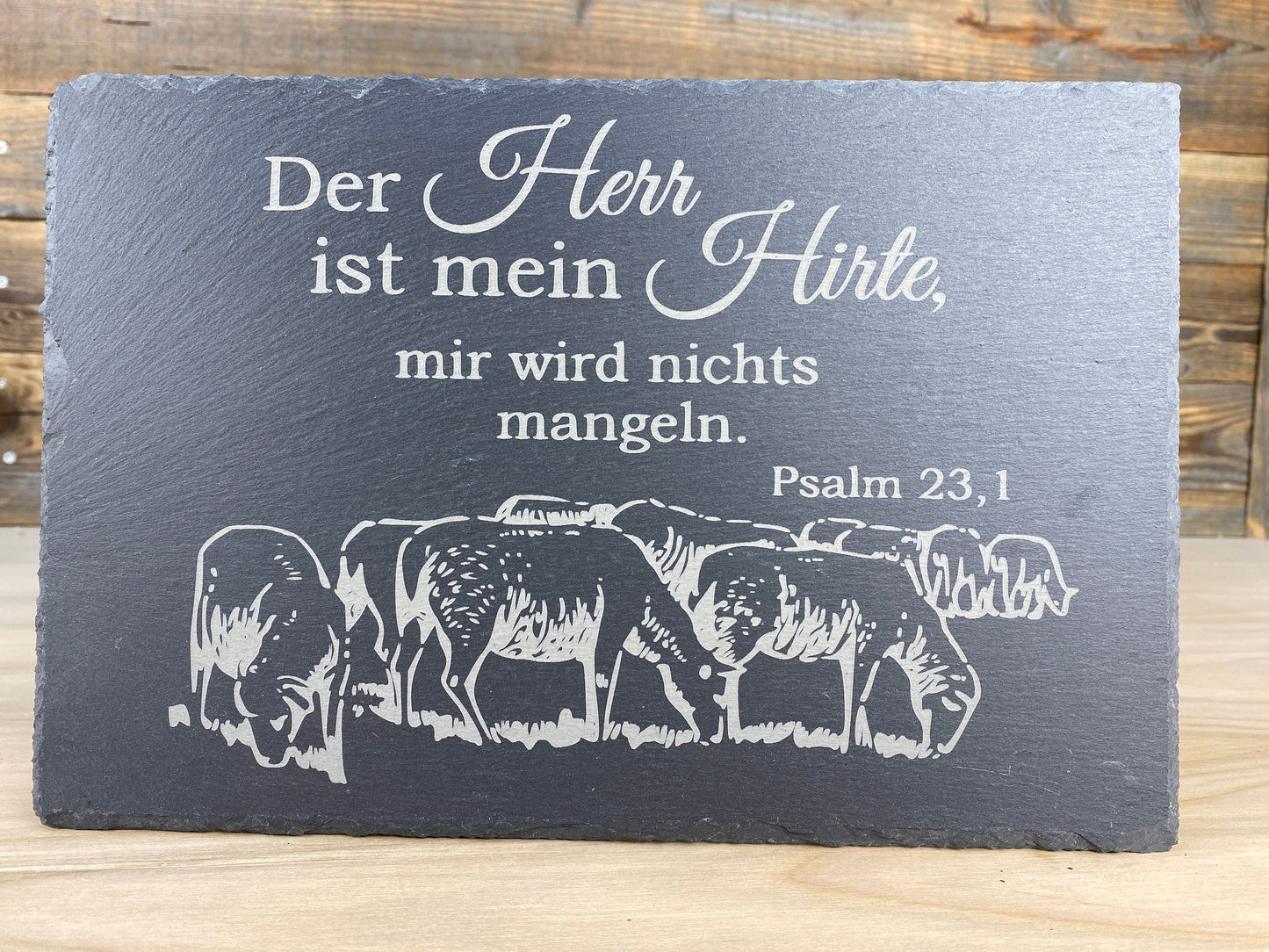 Spruchtafel "Der Herr ist mein Hirte" aus Schiefer, graviert - Psalm 23 - Geschenk, Dekoration, Sprüche, Christlich, Religiös, Bibel