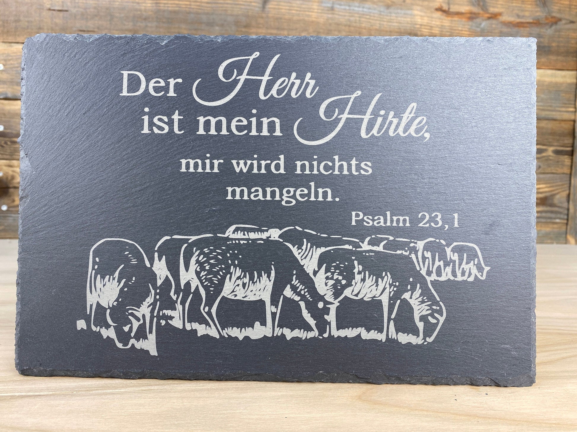 Spruchtafel "Der Herr ist mein Hirte" aus Schiefer, graviert - Psalm 23 - Geschenk, Dekoration, Sprüche, Christlich, Religiös, Bibel