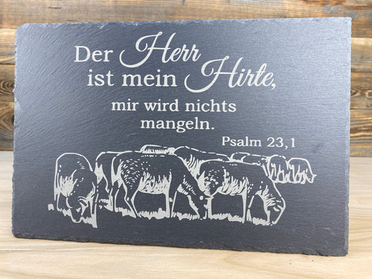 Spruchtafel "Der Herr ist mein Hirte" aus Schiefer, graviert - Psalm 23 - Geschenk, Dekoration, Sprüche, Christlich, Religiös, Bibel