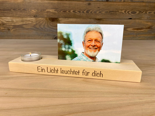 personalisierte Fotoleiste, mit Teelichthalter, zum Gedenken und Erinnern, Trauergeschenk, massives Birkenholz, ein individuelles Andenken