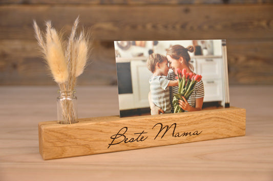 personalisierte Fotoleiste - aus Eichenholz mit Vase, Bilderleiste, Geschenk zum Muttertag, Mama, Mutter
