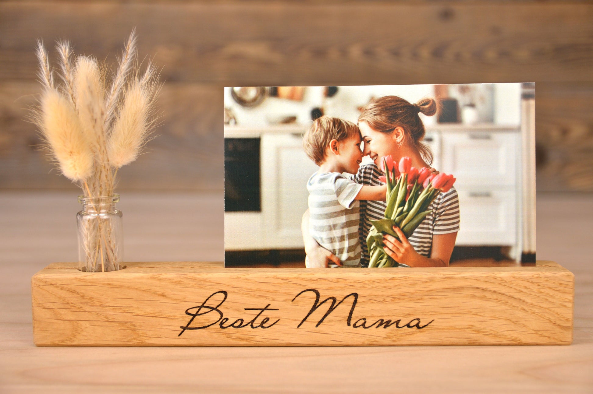 personalisierte Fotoleiste - aus Eichenholz mit Vase, Bilderleiste, Geschenk zum Muttertag, Mama, Mutter
