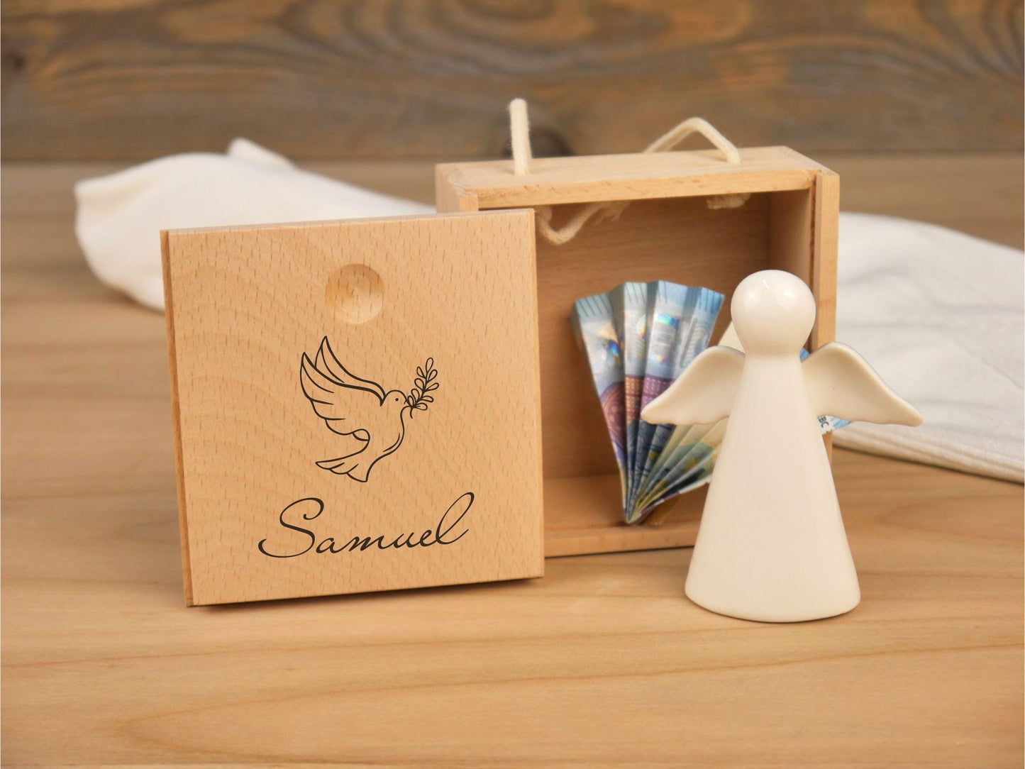 Schutzengel in personalisierter Holzbox - Symbol Taube - Engel - Geschenk zur Taufe, Geburt, Geburtstag