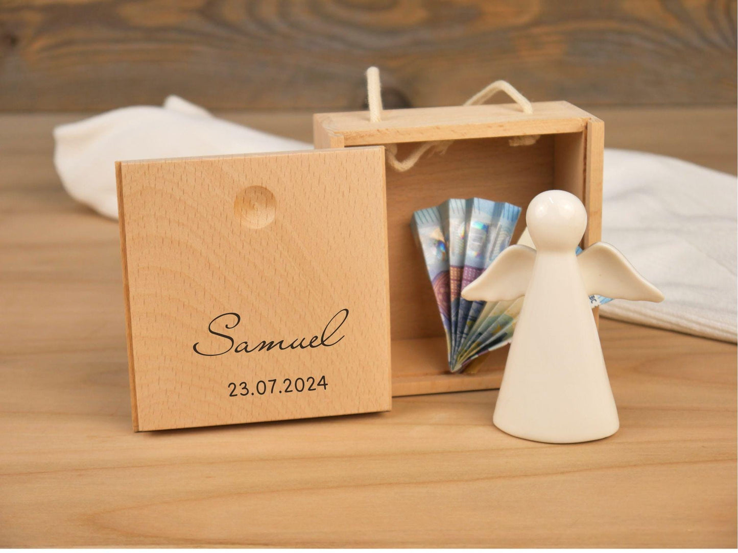 Schutzengel in personalisierter Holzbox - Name und Datum - Engel - Geschenk zur Taufe, Geburt, Geburtstag