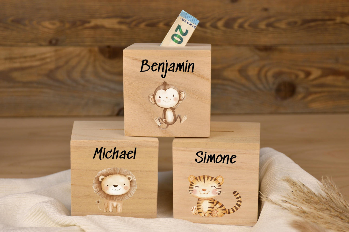 Spardose mit Namen, personalisierte Tiermotive Safari, Geschenk für Kinder, Babygeschenk, Geschenk Geburtstag, Taufe, Geburt, Namen