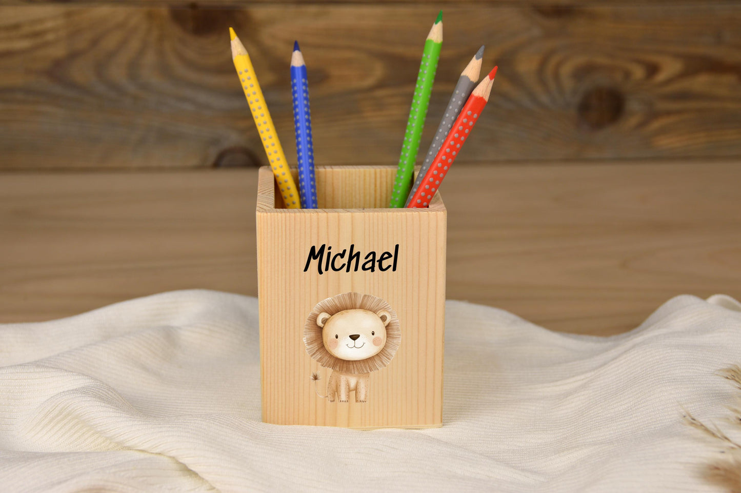 Stiftebox mit Namen, personalisierte Tiermotive Safari, Geschenk für Kinder, Babygeschenk, Geschenk Geburtstag, Taufe, Geburt, Safari