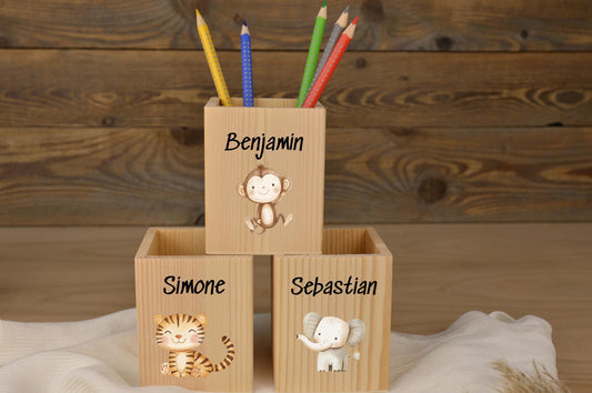 Stiftebox mit Namen, personalisierte Tiermotive Safari, Geschenk für Kinder, Babygeschenk, Geschenk Geburtstag, Taufe, Geburt, Safari